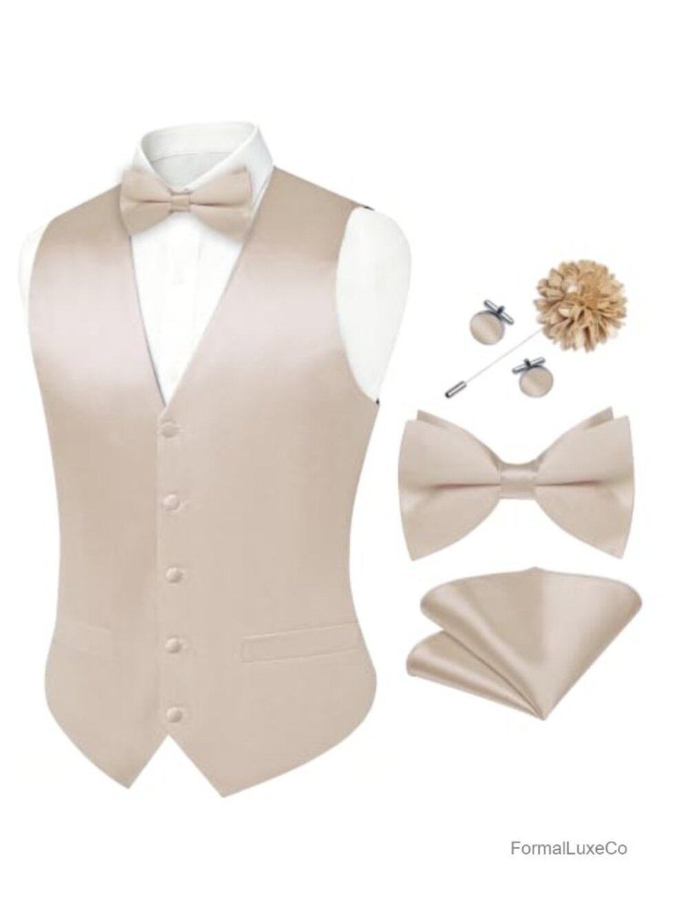 Mens Silk Blend Suit Vest Bowtie Lapel Pin Set Sleeveless Tuxedo Waistcoat
